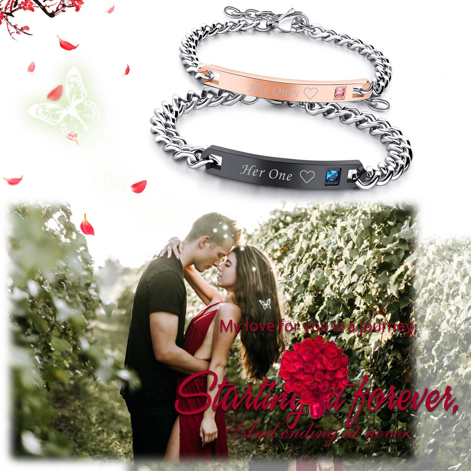 2Pcs/Set Men Women Stainless Steel CZ Rosegold Black Couple Bracelet Bangle Gift