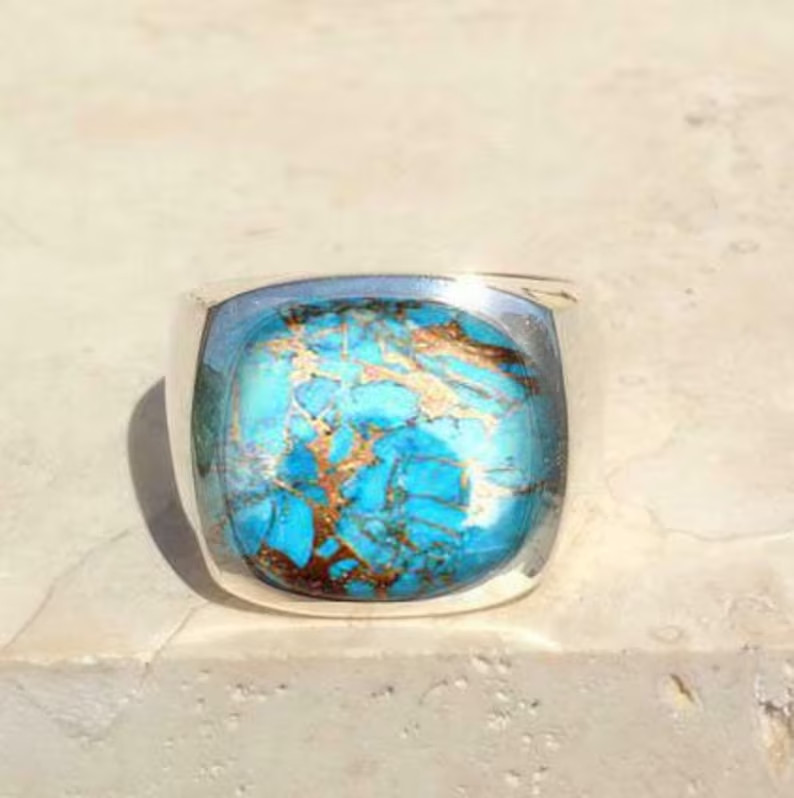 Solid 925 Sterling Silver Natural Copper Turquoise Gemstone Men’s Unisex Ring