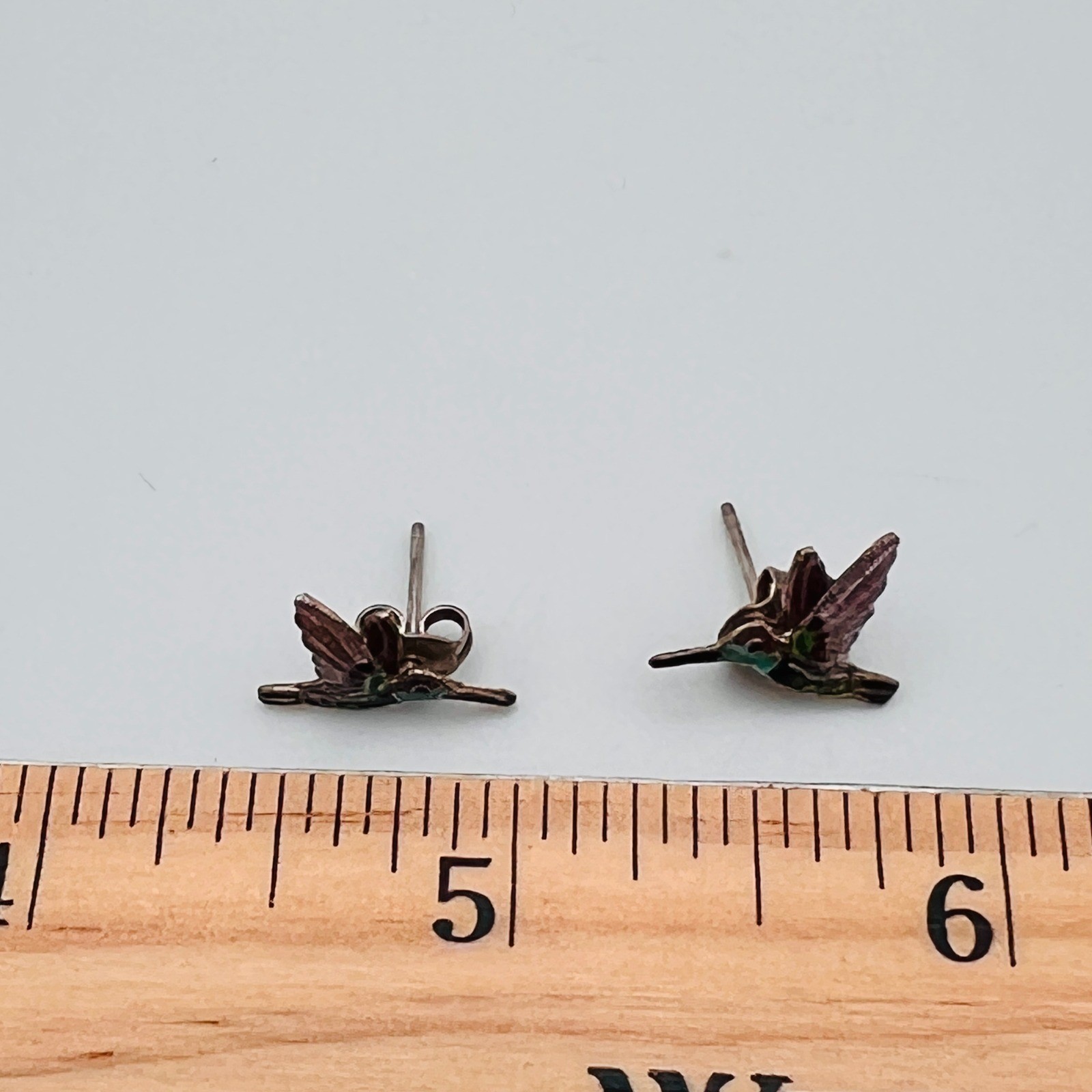 Vintage Enamel Hummingbird Stud Earrings Multi Color Silver Tone Bird Jewelry