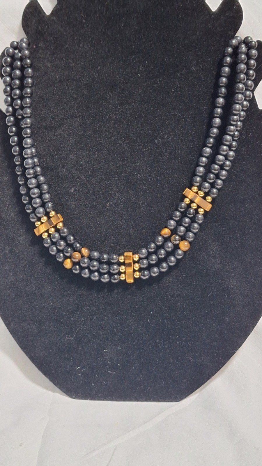 Black Glass Beaded Multi-Strand Statement Necklace Gold Tone Lobster Clasp