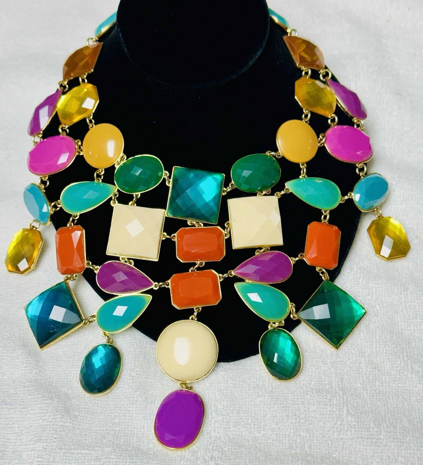 Statement HUGE Bib Colorful Blue Gold Purple Cabochon Collar Necklace n0115