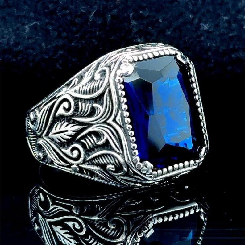 925 Men Silver Handmade Engraved Blue Stone Ring