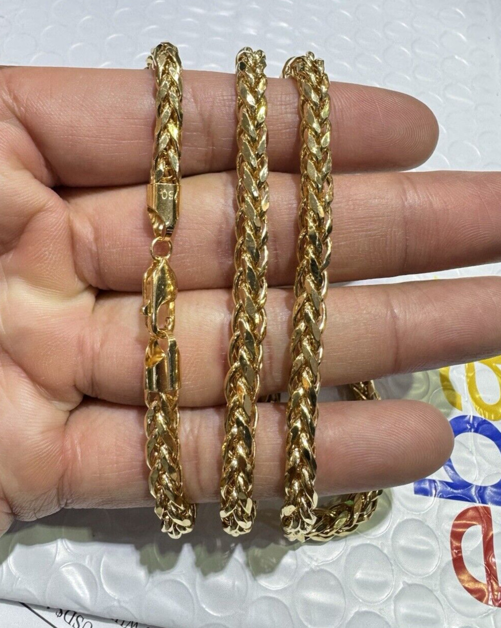 18k Semi Hollow Gold 4.8mm Wheat Chain Spiga Necklace for Men 28 Inch 36.8 Grams