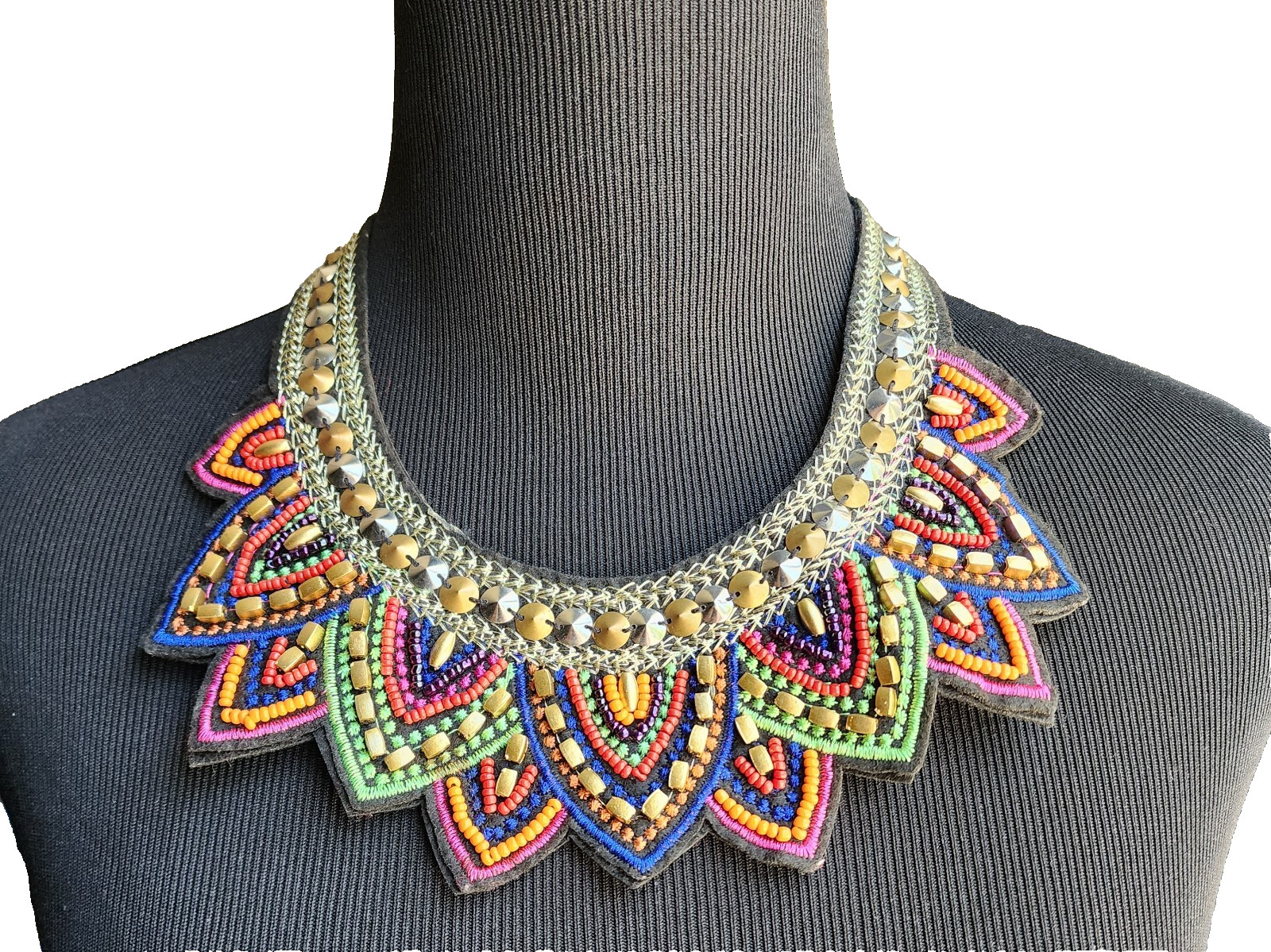 Big Beaded Tribal Collar Necklace Black Multi Brass/Silver Statement Choker Bib