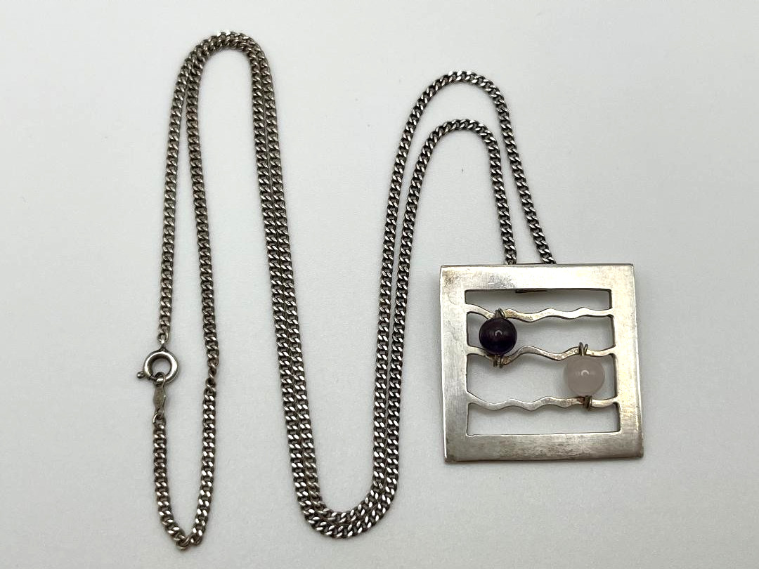 Vintage Signed SK Sterling 925 Pendant Necklace MODERNIST Amethyst Quartz 24″ L