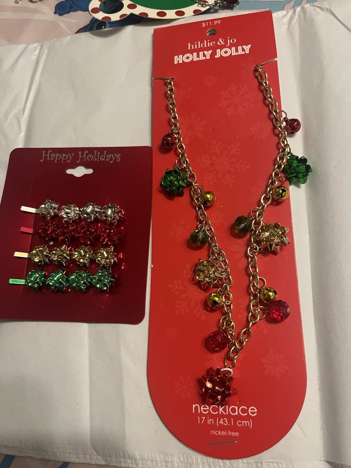 Hildie And Jo Holly Jolly 17” Christmas Necklace With Bows Jingle Bells Charm S