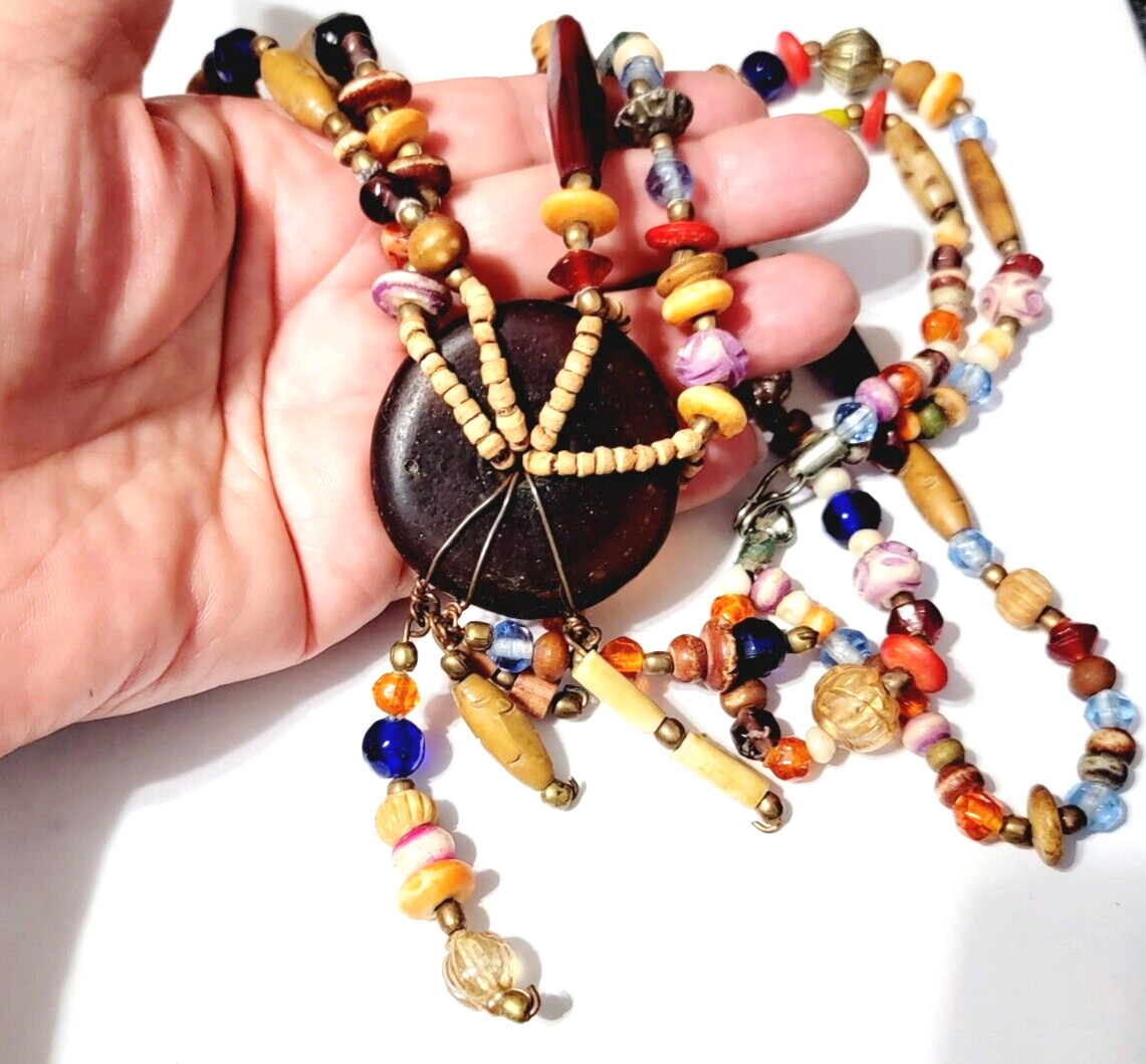 Tribal Beaded Necklace Pendant Colorful Mixed Materials Glass, Wood br01-02