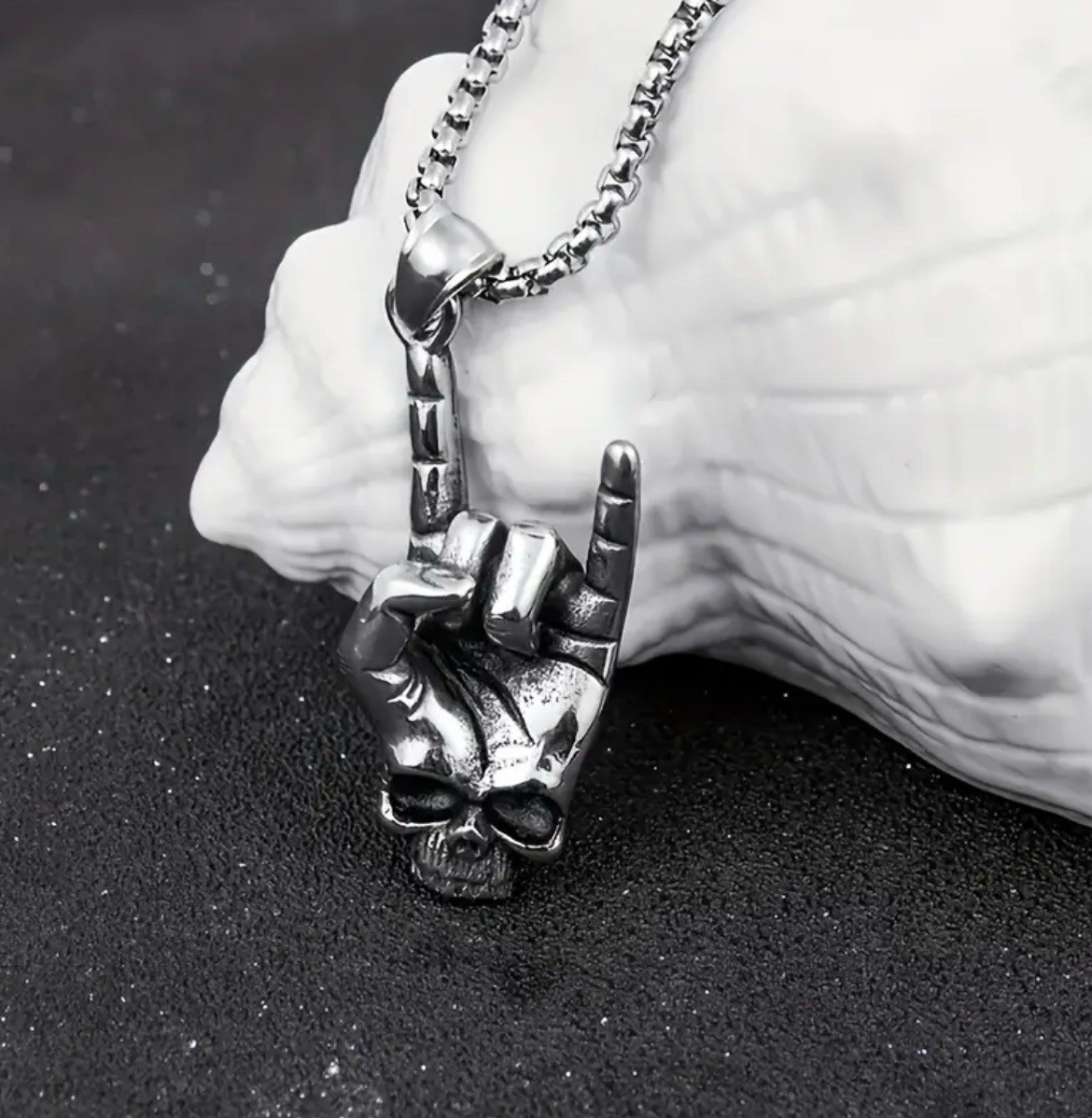 Rock Skull Hand Necklace Punk Awesome Silver 304L Stainless Steel Pendant
