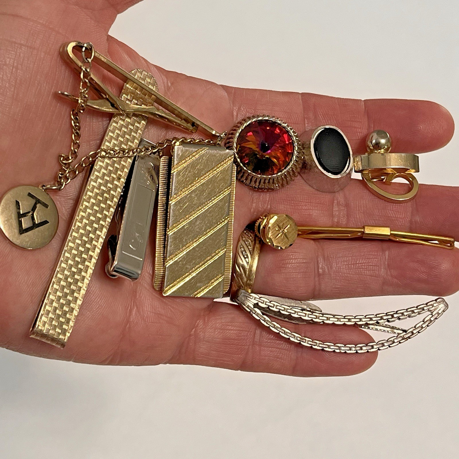 Collection Vintage Junk Drawer Lot Tie Bars Lapel Pins Single Cufflinks 38 Items