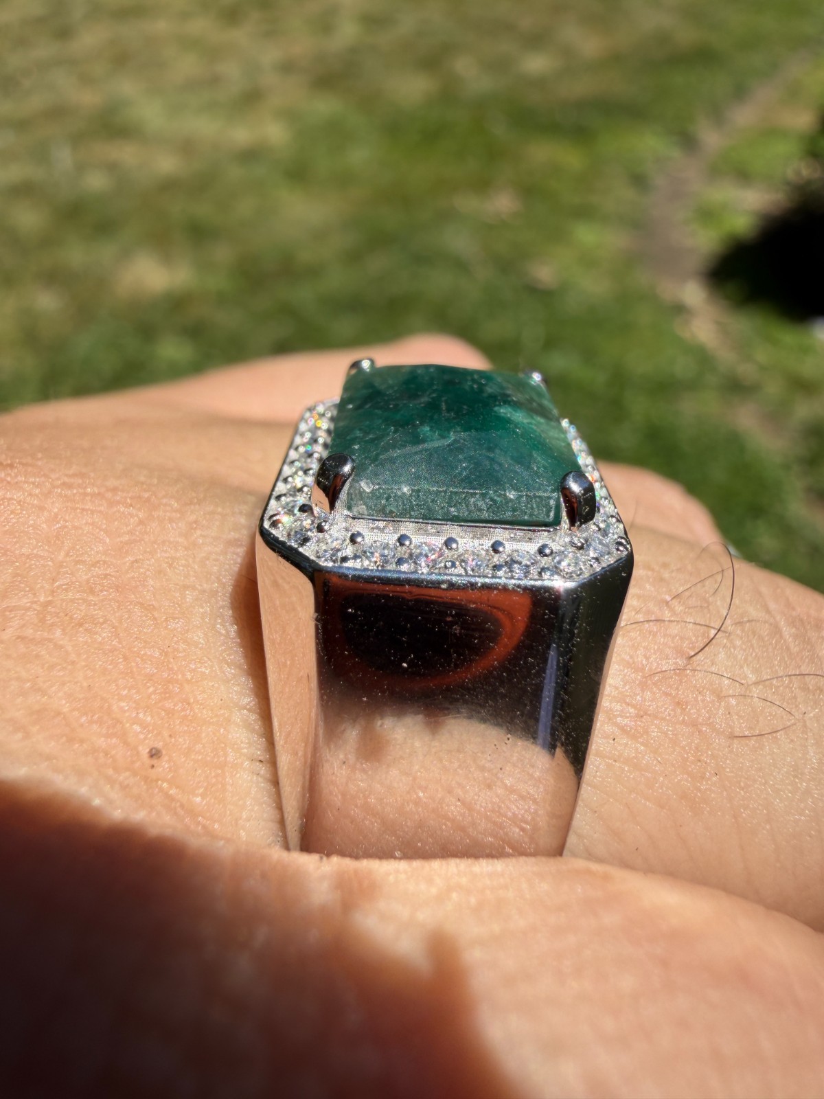 MOISSANITE Iced Natural 9ct Rectangle Green Emerald Stone Ring 925 Silver