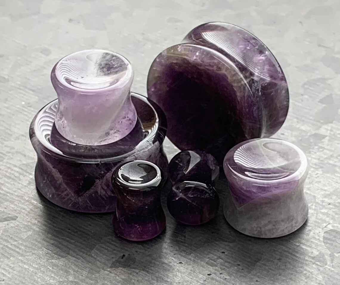 PAIR Concave Amethyst Stone Plugs Natural Organic Earlets Amythest Tunnel Gauges