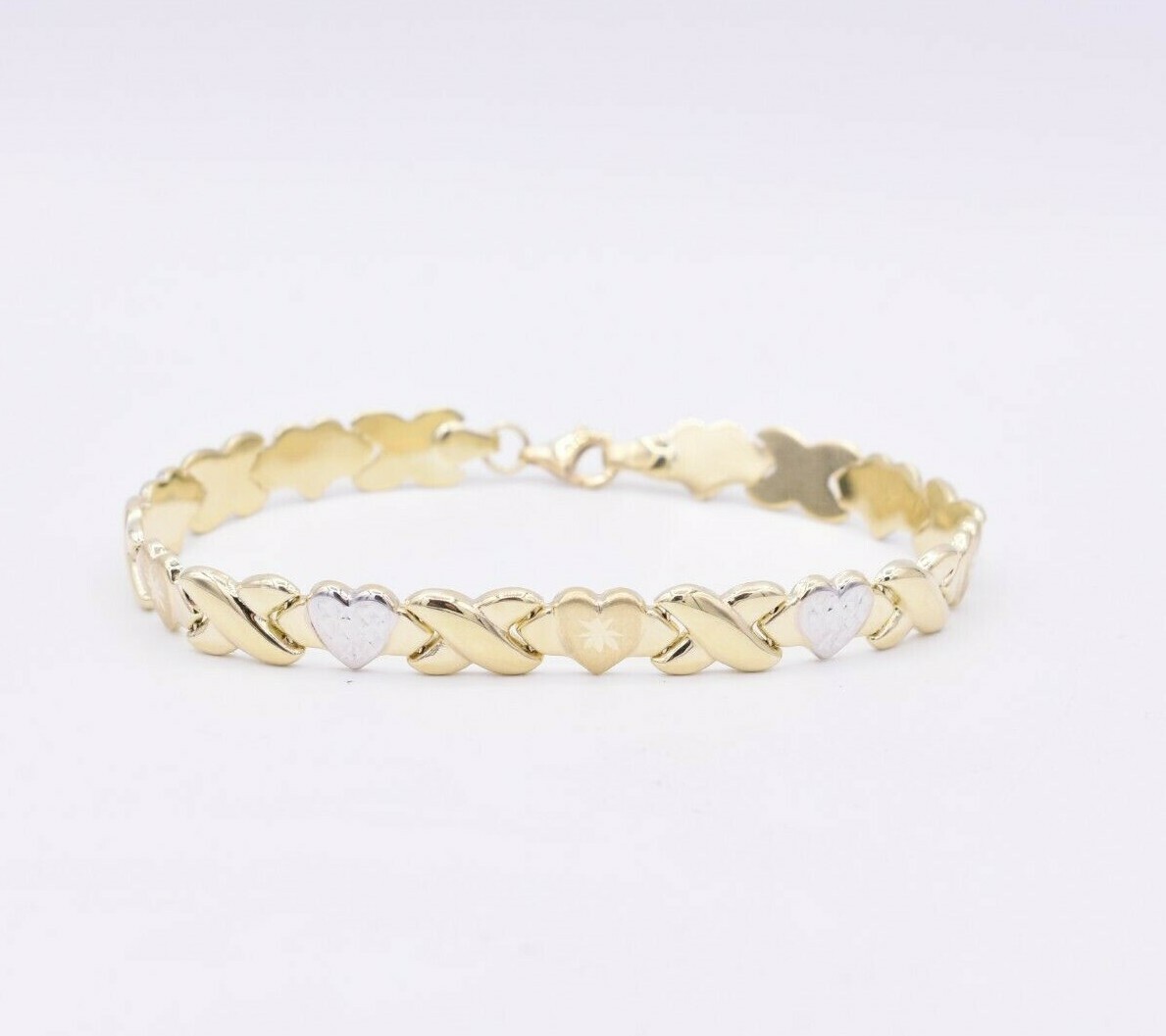 7.25″ Diamond Cut Hearts and Kisses Stampato Bracelet Real 10K Yellow White Gold