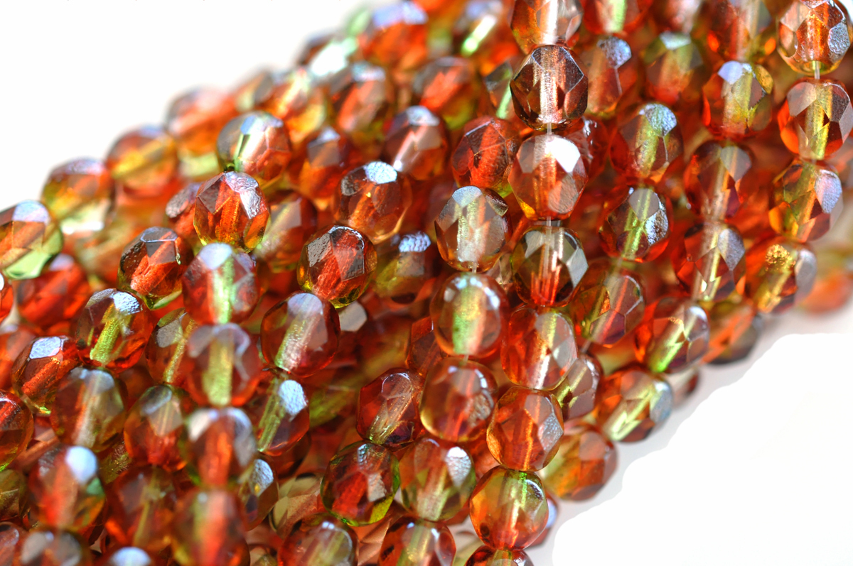 50 PEACH & PEAR FACETED FIRE POLISHED GLASS ROUND BEADS 6MM