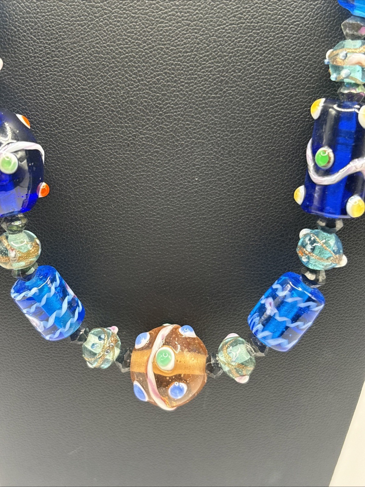 Vintage Artisan Lampwork Glass Beaded Necklace Cobalt Blue Turquoise Copper Tone