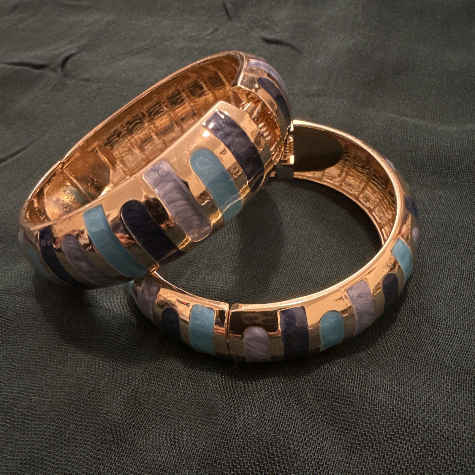 Set of 2 Gold Tone Hinged Bangle Bracelets Blue Purple Striped Enamel Stack