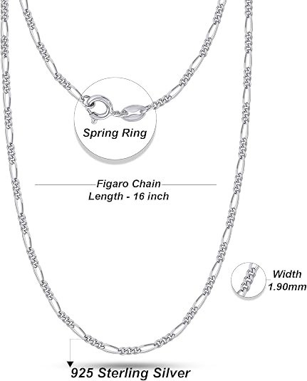 1.90mm Figaro Link Chain Necklace for Women and Men in 925 Sterling Silver