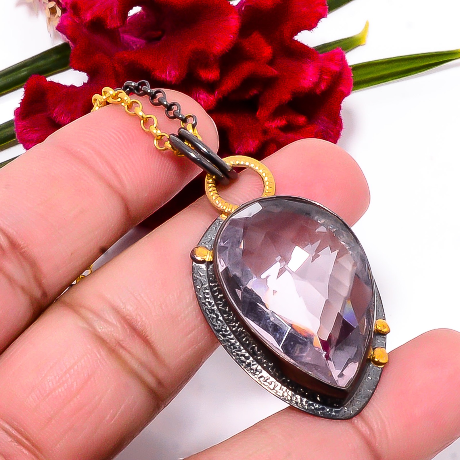 Pink Kunzite Black And Gold Rhodium 925 Sterling Silver Chain Pendant 18-22″ S20