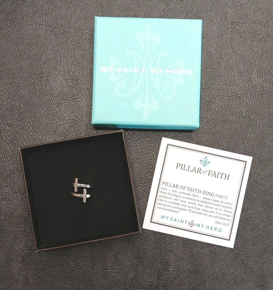 Pillar of Faith Double Cross Silver Tone Adj Band Ring Size 7 “My Saint My Hero”