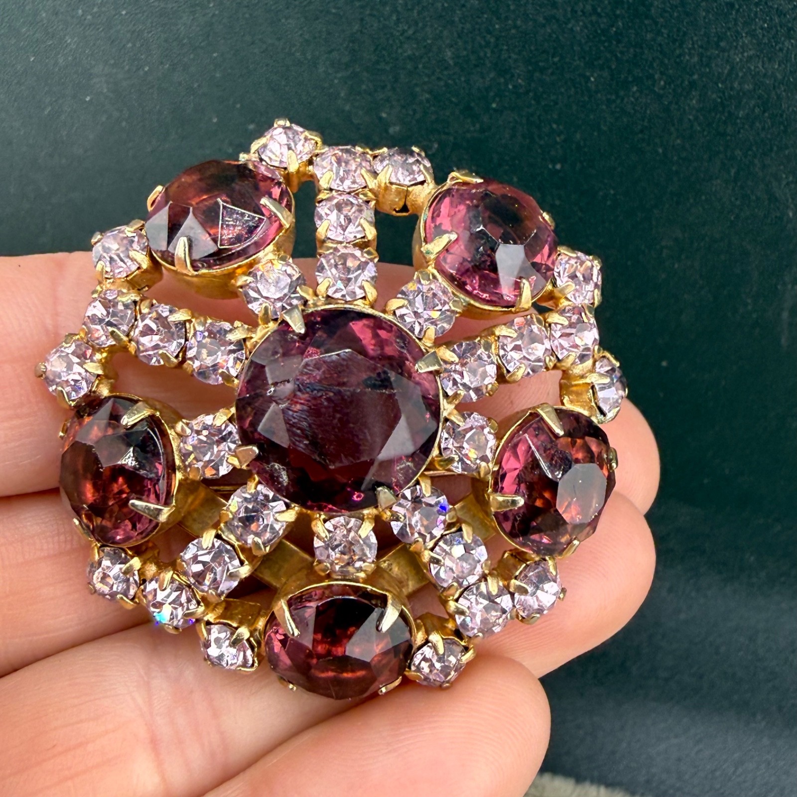 Vintage Purple Rhinestone Brooch Gold Tone Flawless Sparkle