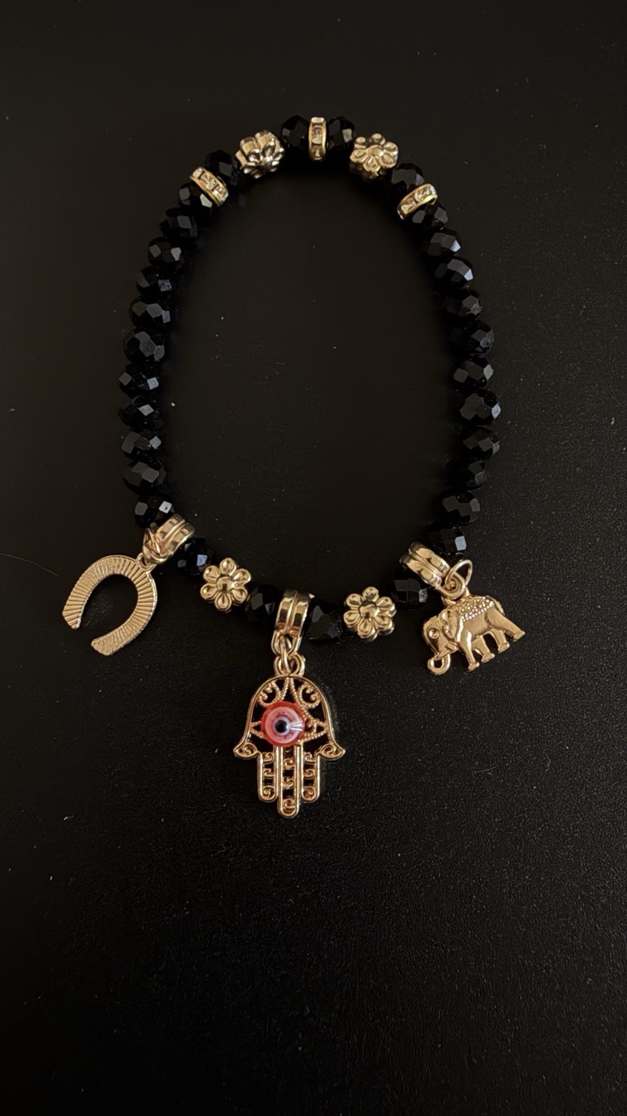 Set of 2 – Black w/ Hamsa, Eye & Elephant Charm & Pink/Lt Blue Beaded Bracelets