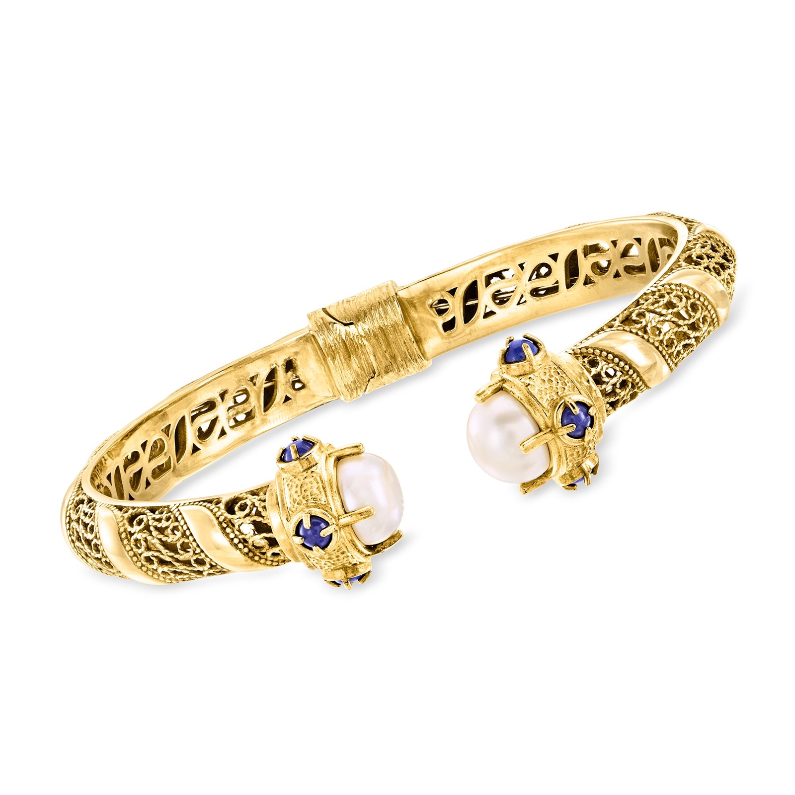 Ross-Simons 8-8.5mm Cult Prl Cuff Brclt w Lapis in 18k Gold Plate 7 inches