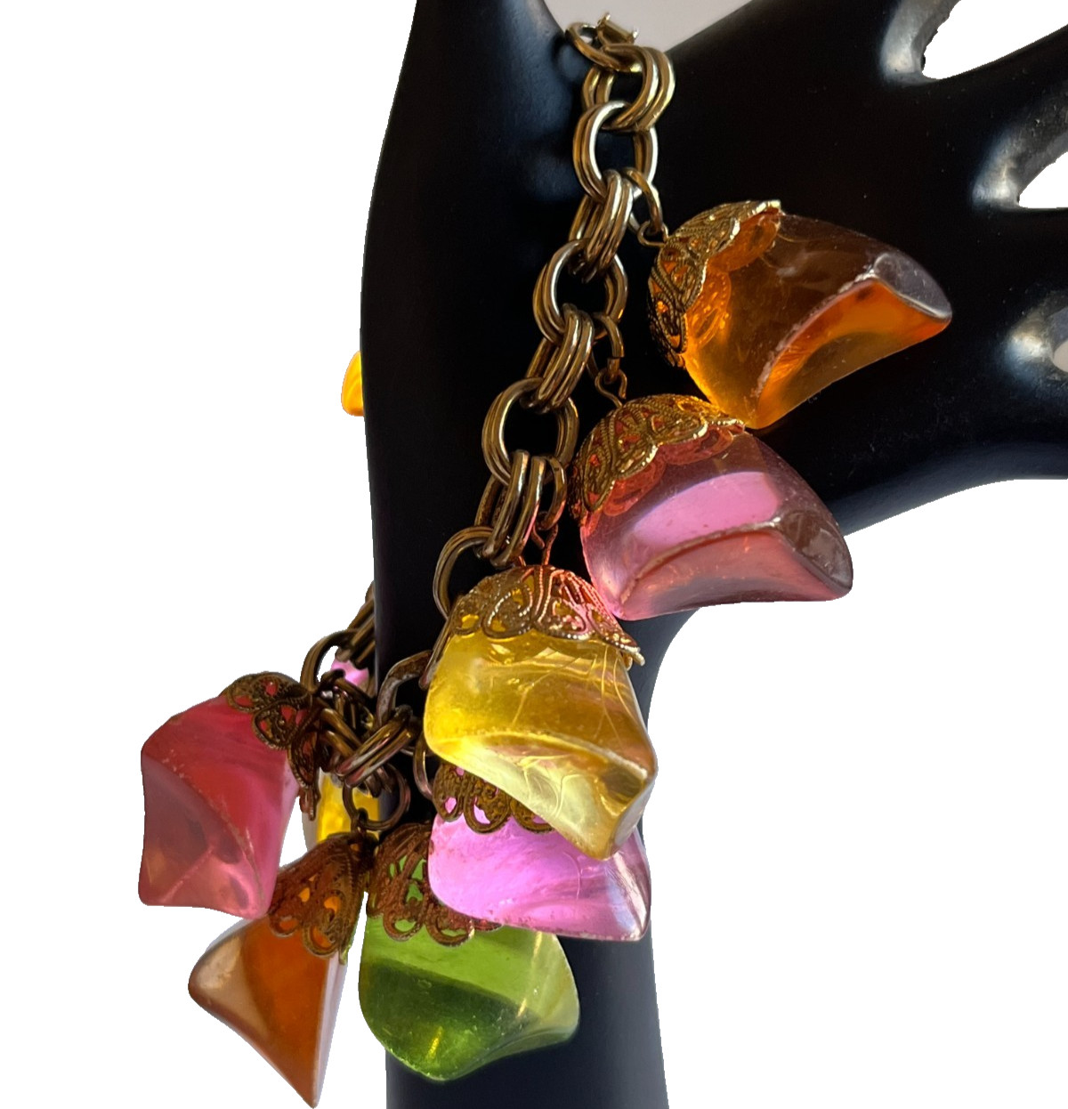 Vintage Lucite Charm Double Link Dangle Bracelet Pastel Pink Green Orange Yellow