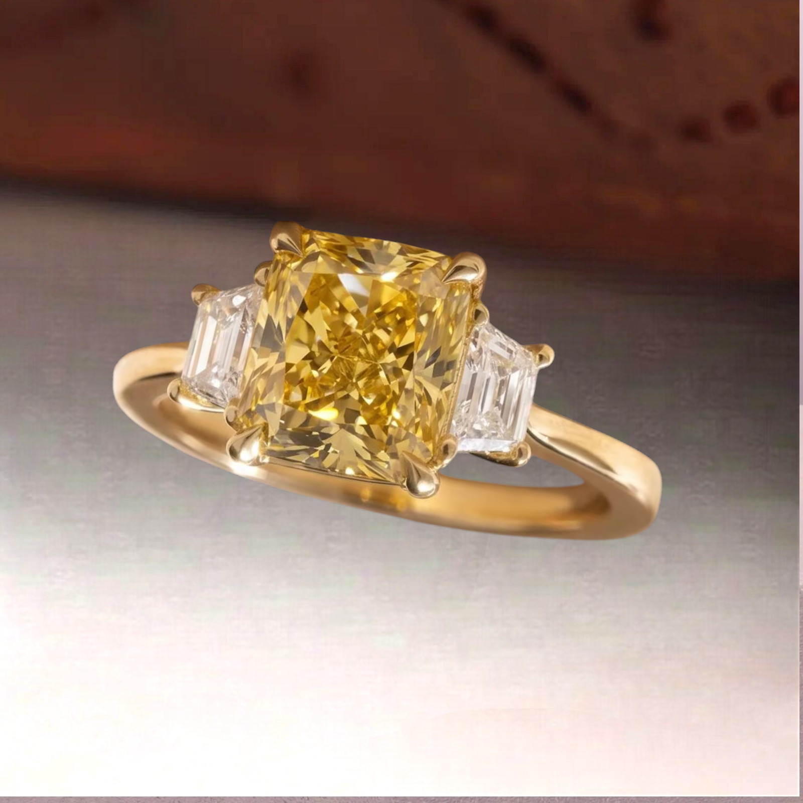 3.80 CT Radiant 14K Yellow Gold Diamond Ring Fancy Vivid Yellow IGI Lab Created