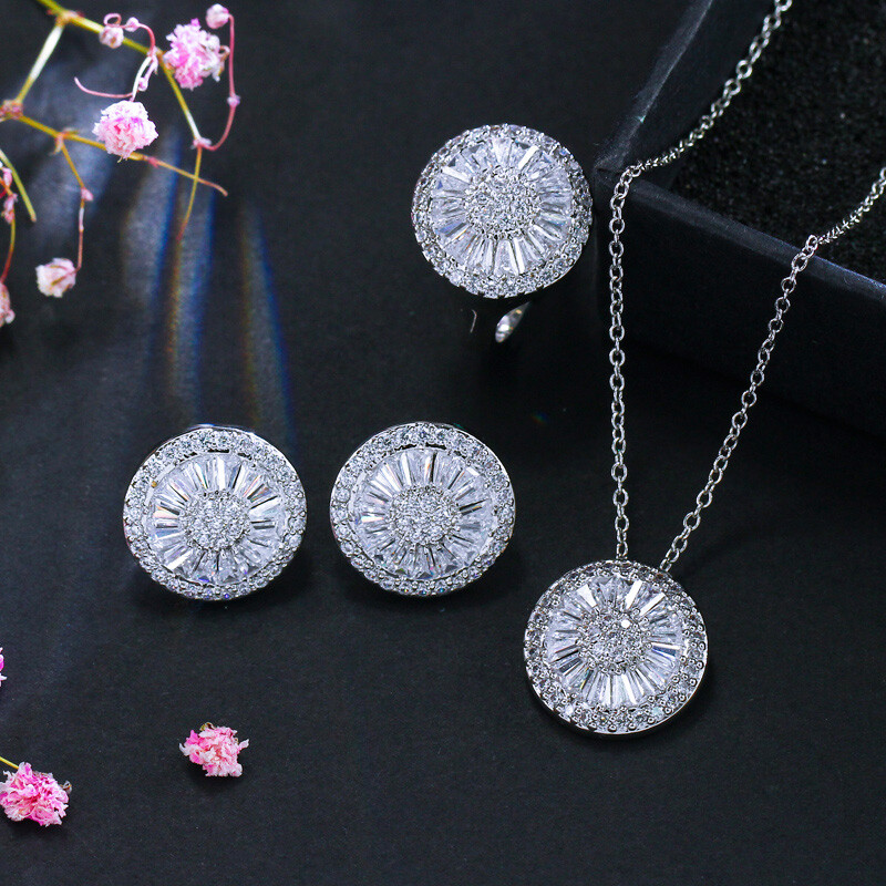 Round CZ Crystal Earring Ring Pendant Necklace Adjustable Bracelet Jewelry Set