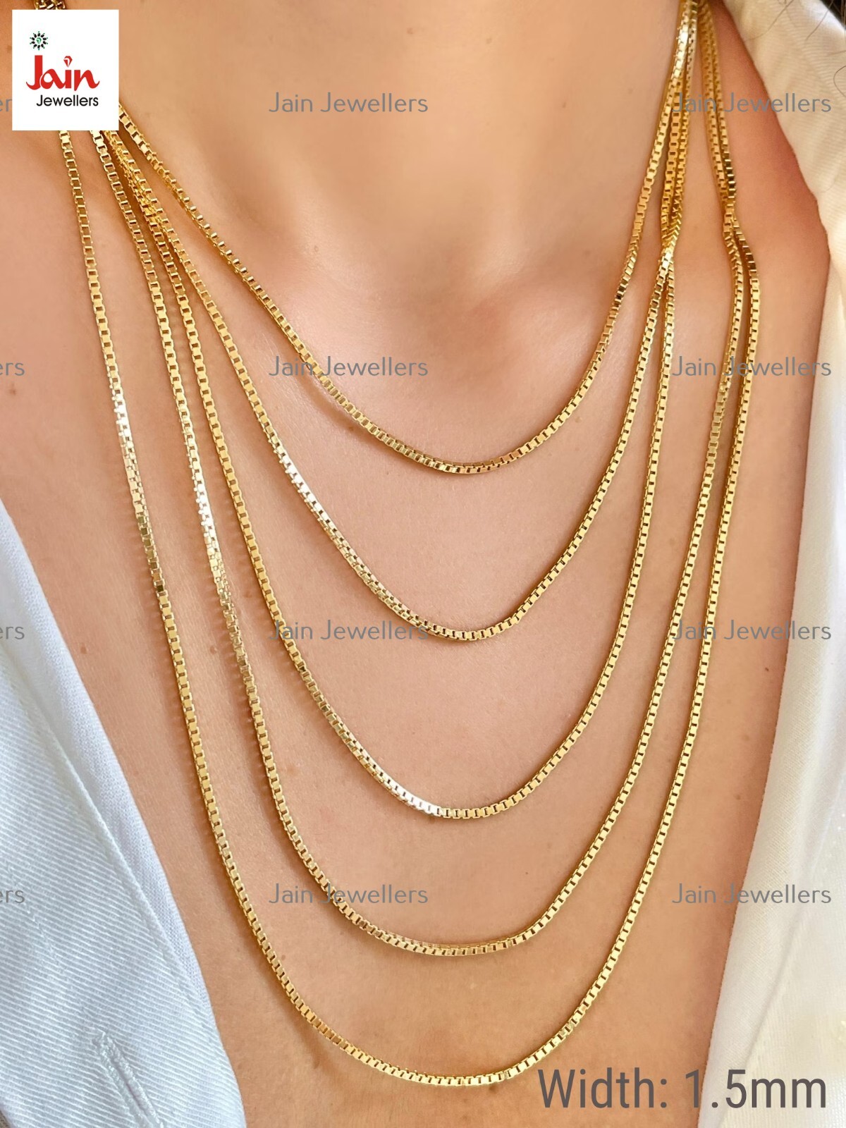 18 Kt Diamond Cut Mirror Square Box Link Necklace Chain 1MM To 3MM, 15 To 26 In