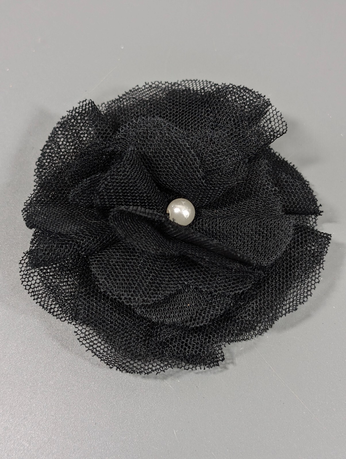 Vintage 90s Y2K Retro Black Lace Rosette Flower Chiffon Faux Pearl Pin Fabric