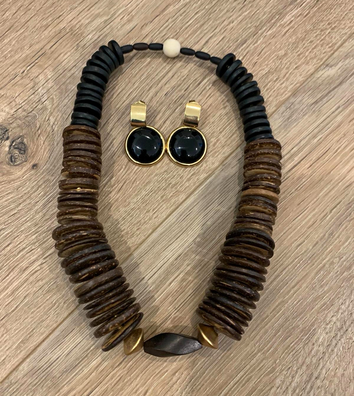 Brown Black Gold Wood Beaded Statement Necklace w/ Black Cord, No Stone