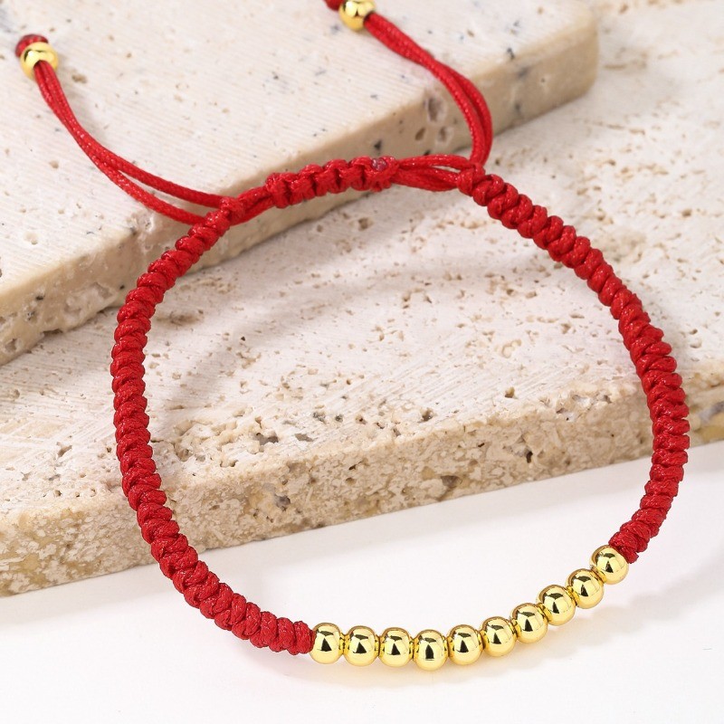 Lucky Golden Copper Round Bead Red Braided Rope Bracelet for Men and Women