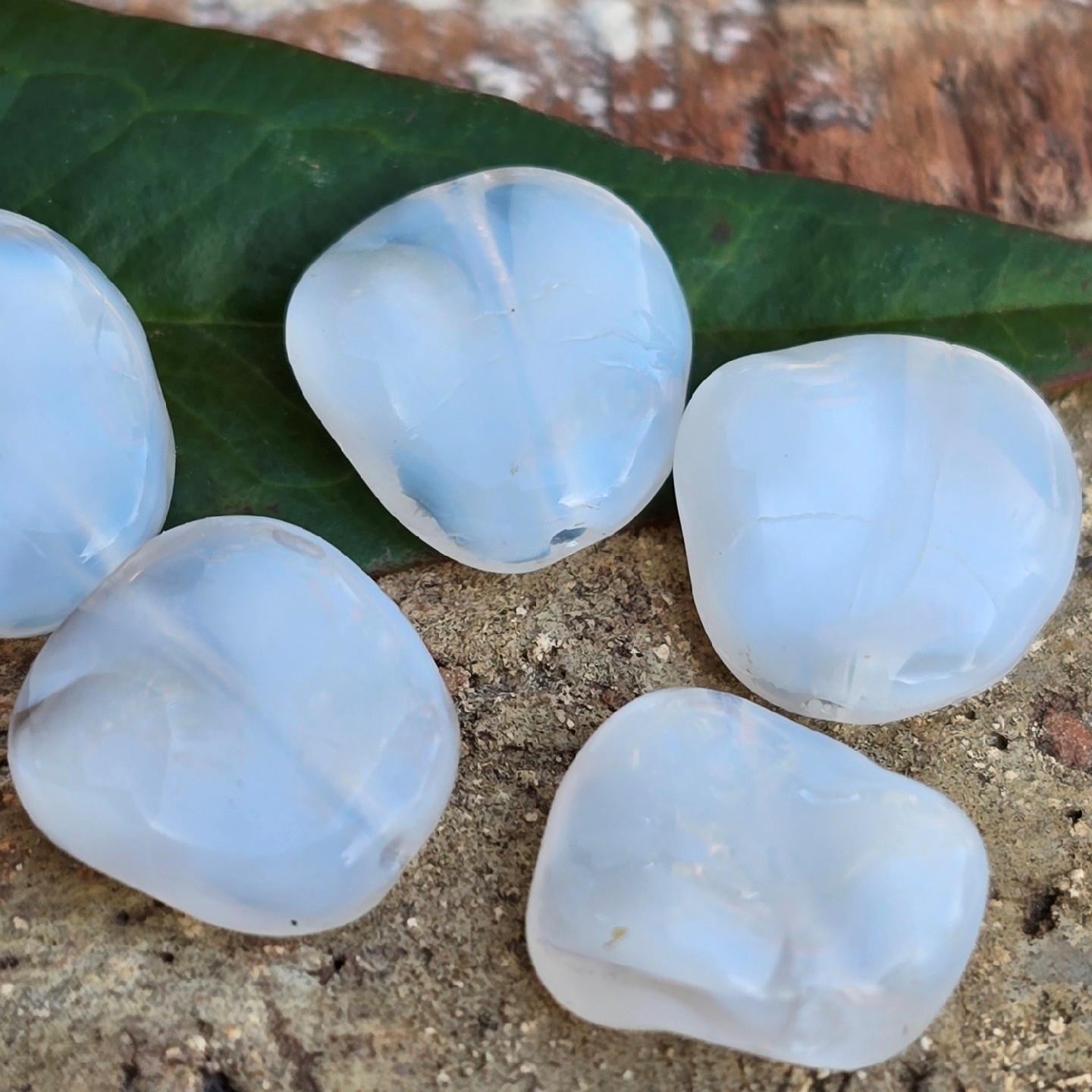 6 Vintage Milky White W Opalescent Glow German Glass Beads Coin Shape 13mm