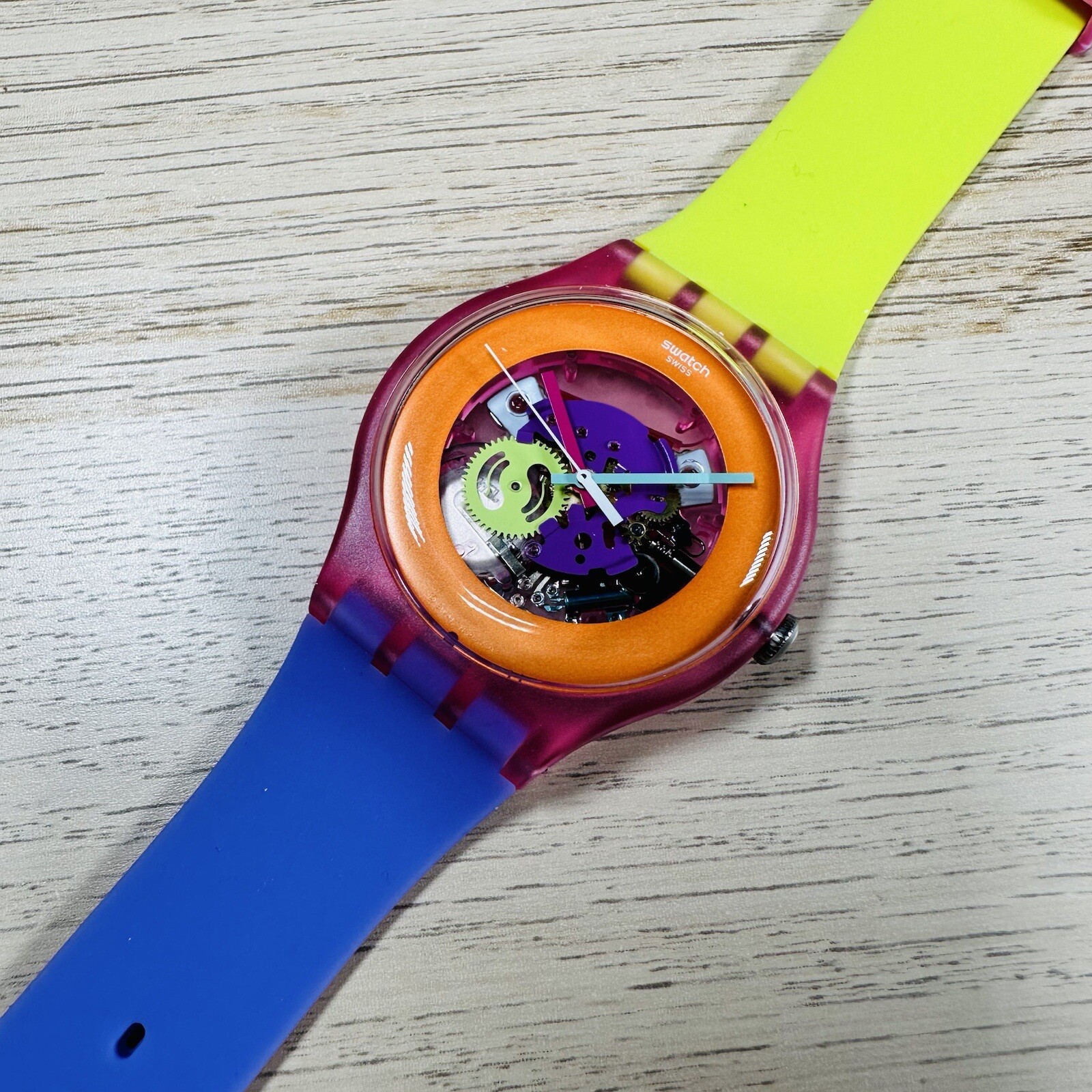 NEW✅ Swatch Dip In Color Orange Skeleton Dial Yellow and Purple Silicone Watch