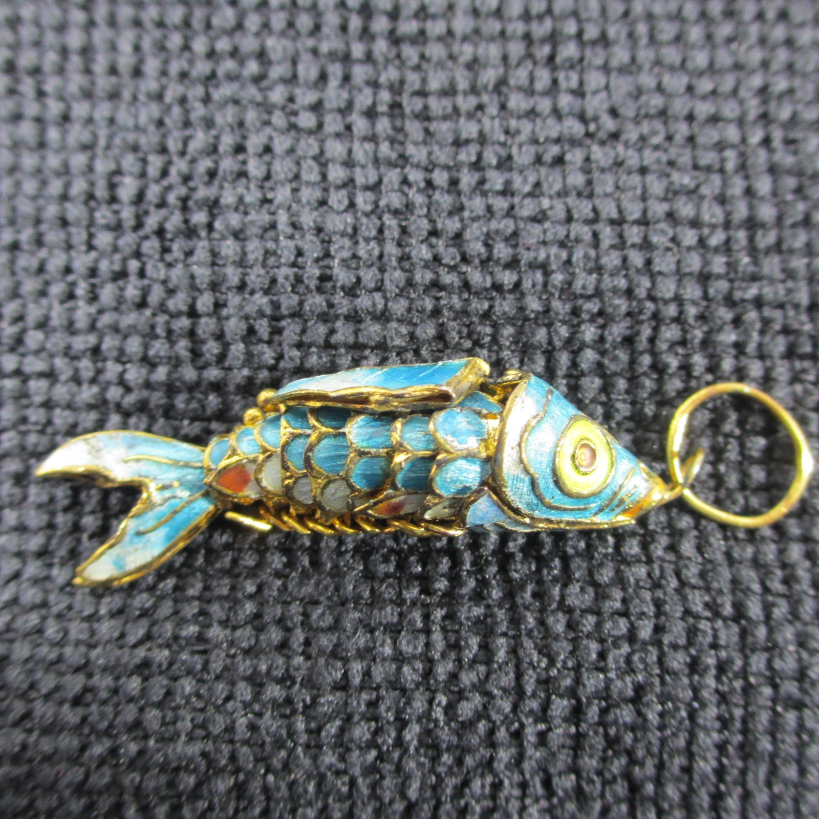 Vintage Cloisonne Enamel Koi Fish Pendant Blue Articulating Gold Tone
