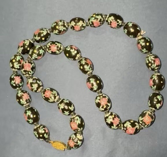 Black Cloisonne Round Bead Strand Necklace w/ Clasp, Floral Pink Green Gold