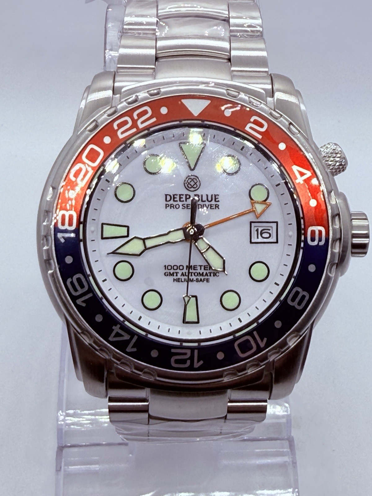 Deep Blue PRO SEA DIVER 1000M GMT AUTO DIVE WATCH-RED/BLUE BZL WHITE DIAL/NEW‼️