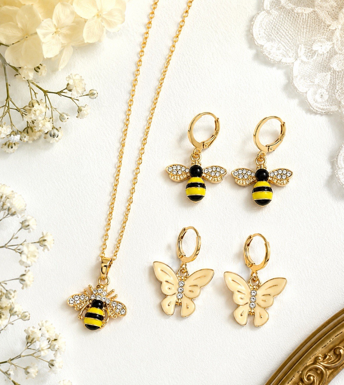🐝 Bee & Butterfly Necklace Earrings Set Crystal Gold Tone Gift Box Included