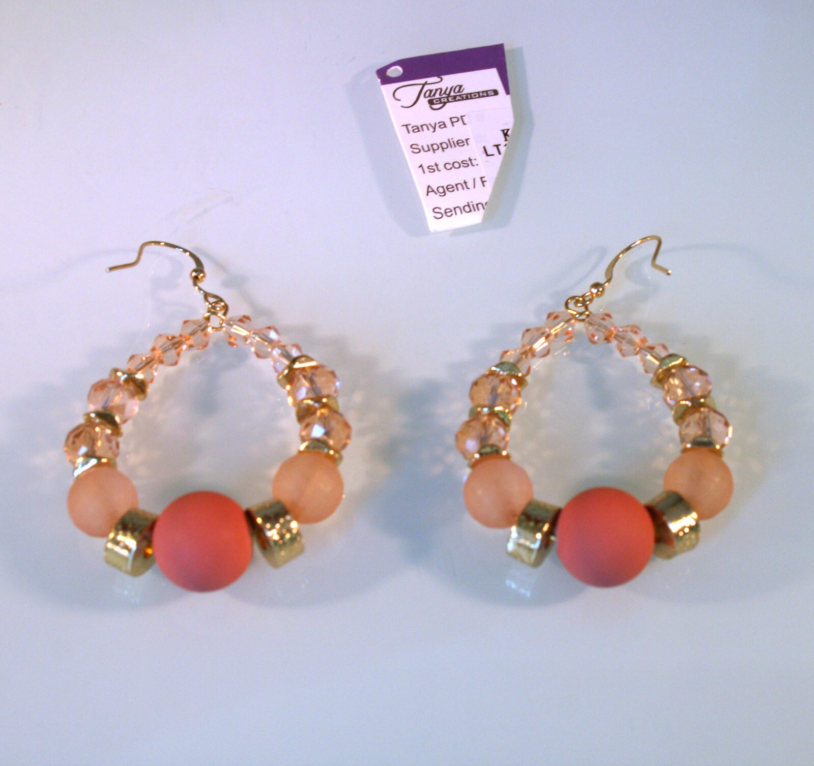 Sterling Silver hooks pale pink glass & rubber beaded hoop earrings 2 1/2″