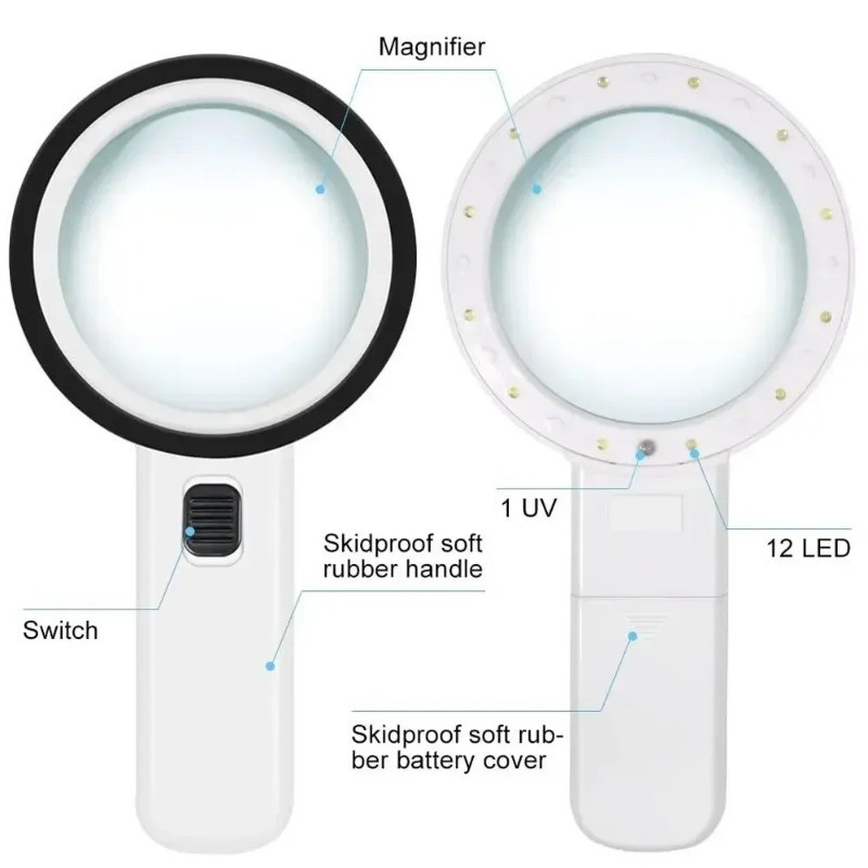 30x Jumbo Handheld Magnifying Glass w/ 12 Bright LED Light Illuminated Magnifier