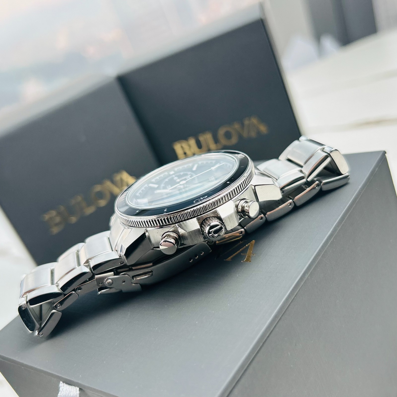 Bulova Men’s Marine Star 96B272 Black Dial Stainless Steel Quartz Watch New 45MM