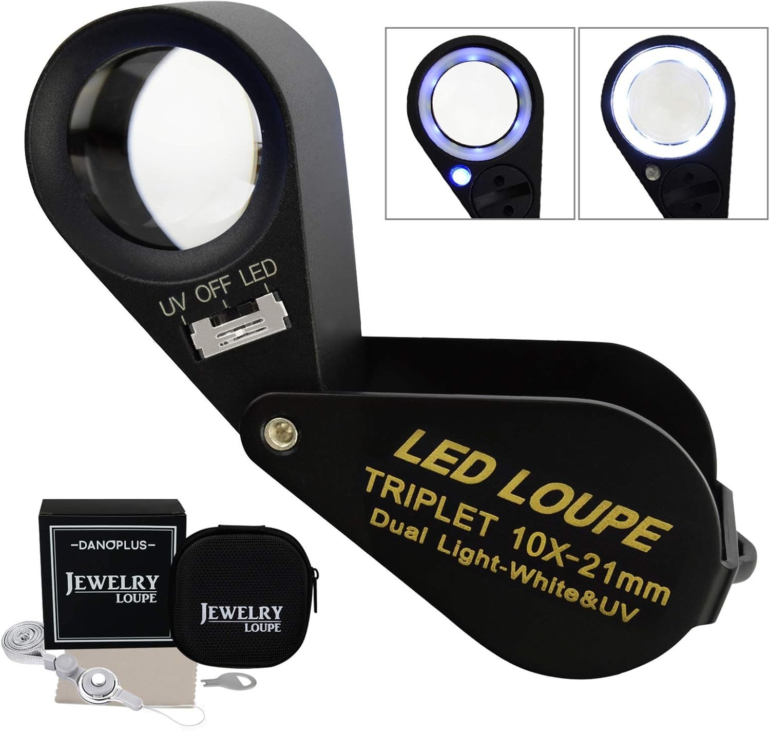 10x Magnifier Jewelry Loupe LED UV 21mm Triplet Lens Optical Glass Pocket Gem…