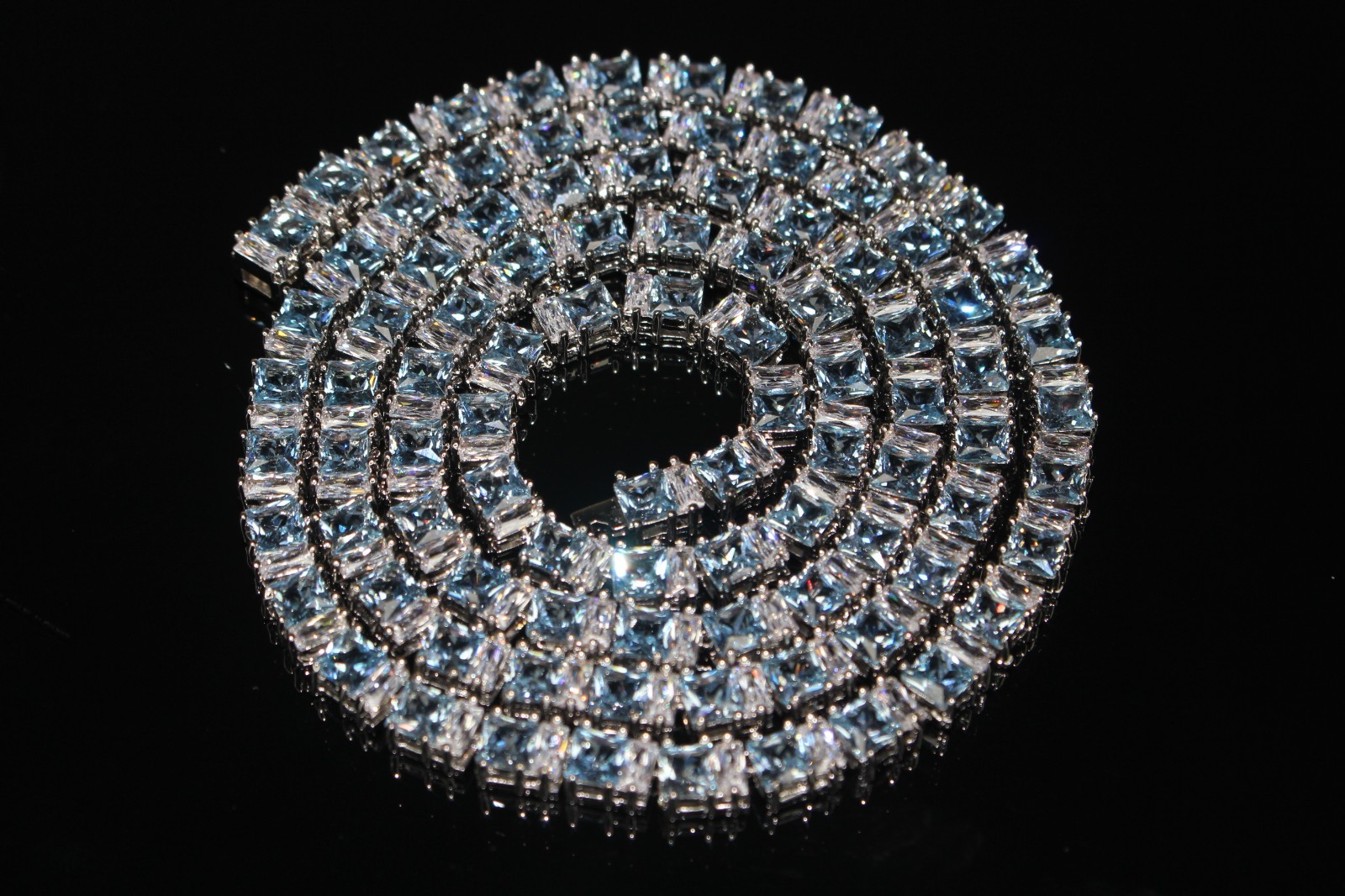4mm True Blue Tennis Chain Necklace 85ctw BAGUETTE Lab Sim VVS1 Diamond Sapphire