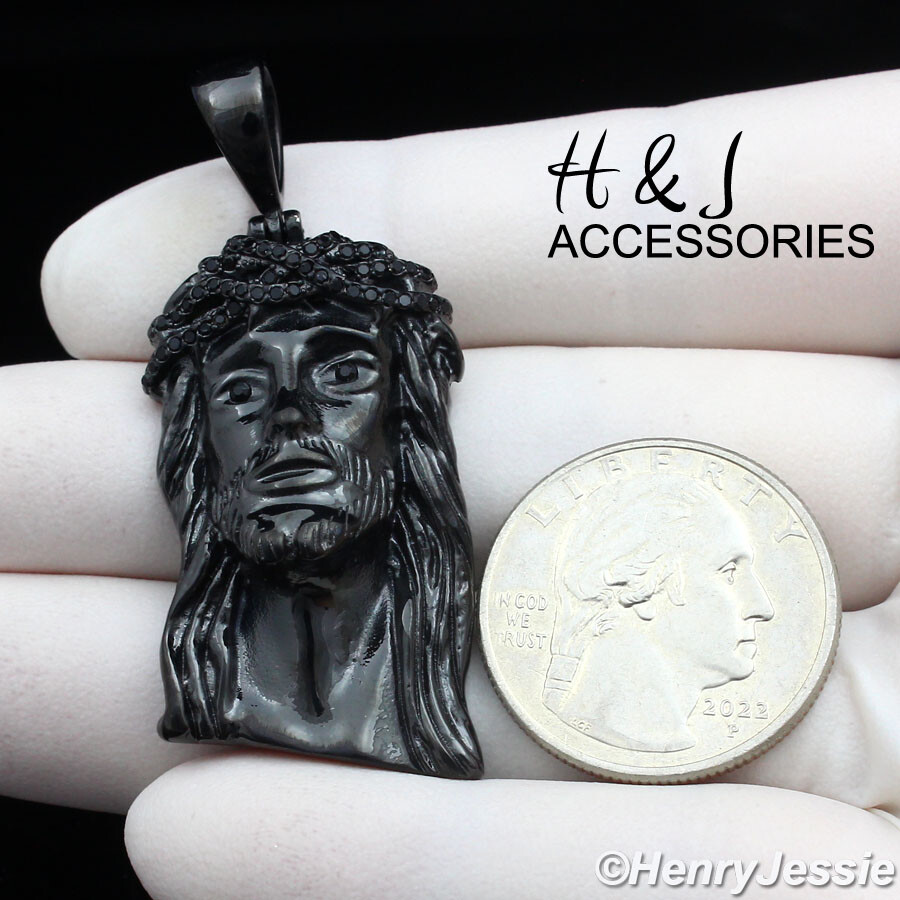 MEN’s Stainless Steel ICY Bling CZ Black Plated 3D JESUS Head Pendant*ABP133
