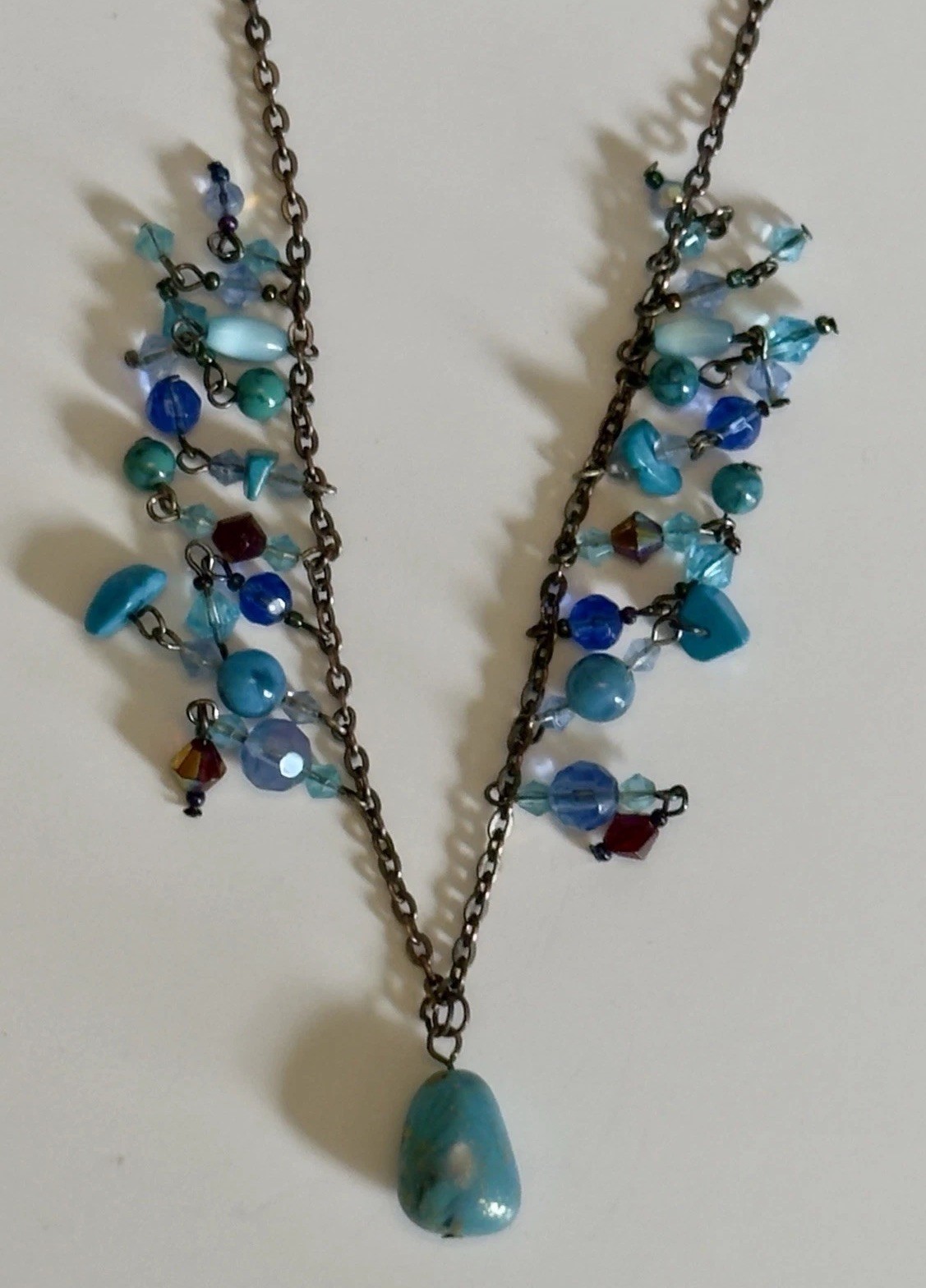 Lia Sophia Azure Necklace Retired Blue Beaded Cluster Mother of Pearl Y-Drop VTG