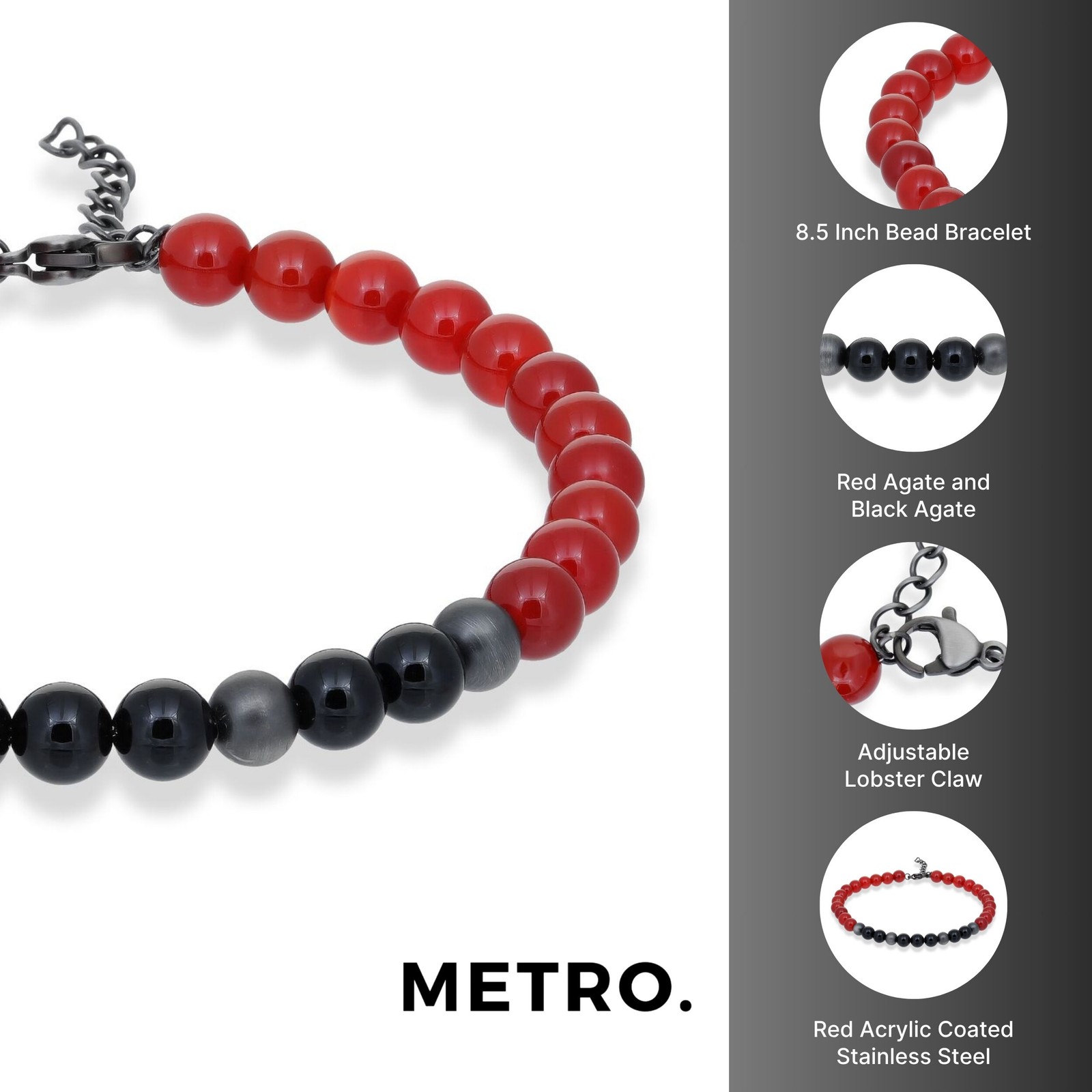 Gun Metal Red Adjustable Bead Bracelet – 6 MM Wide, 8.5 Inches Length with Lobst