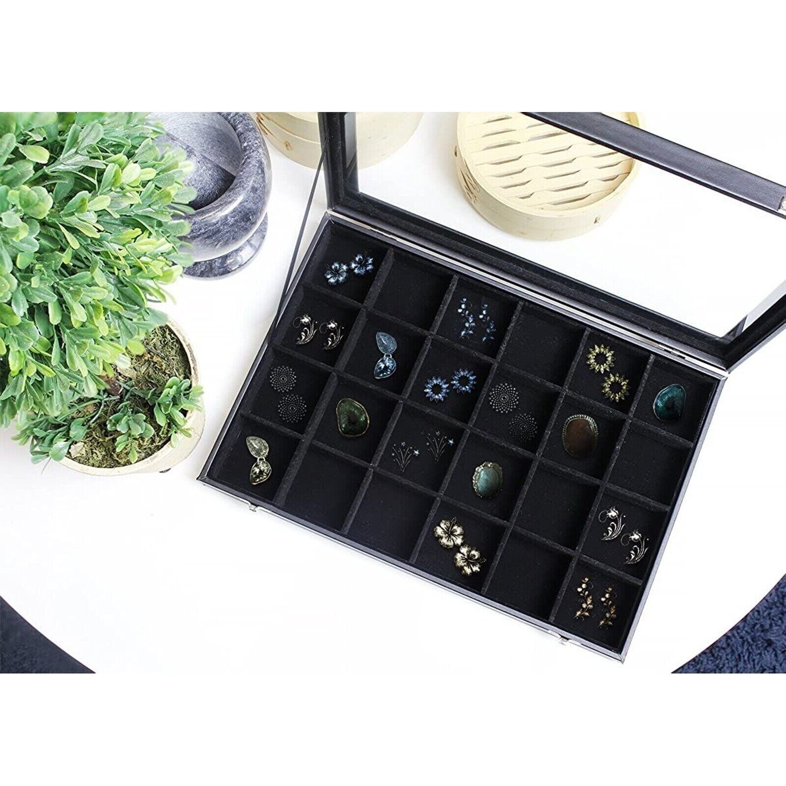 Jewelry Organizer Tray with Clear Lid 24 Grid Velvet Drawer Jewelry Storage