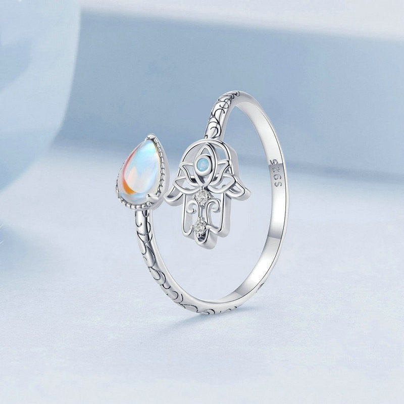 Opal Hamsa Hand Of Fatima Bypass Ring in 925 Sterling Silver