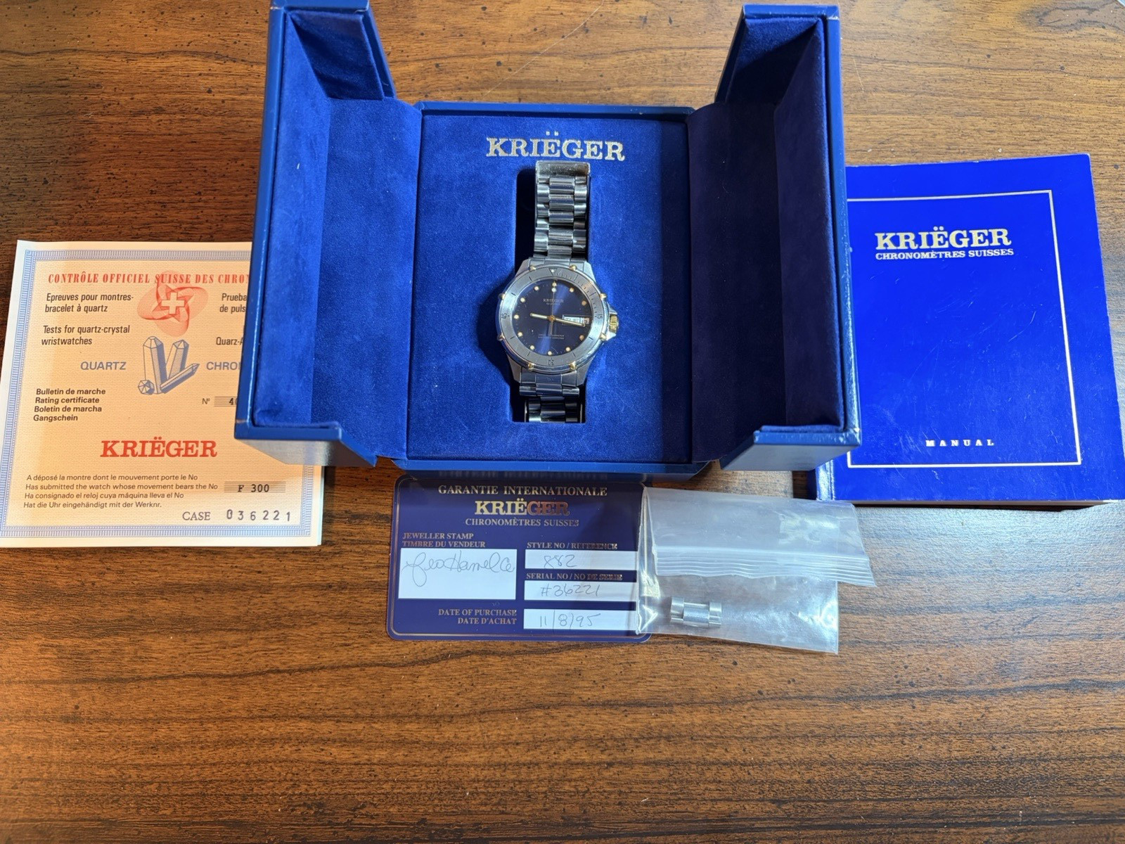 Krieger Quartz Chronometer Watch #036221 with Box & Certificates