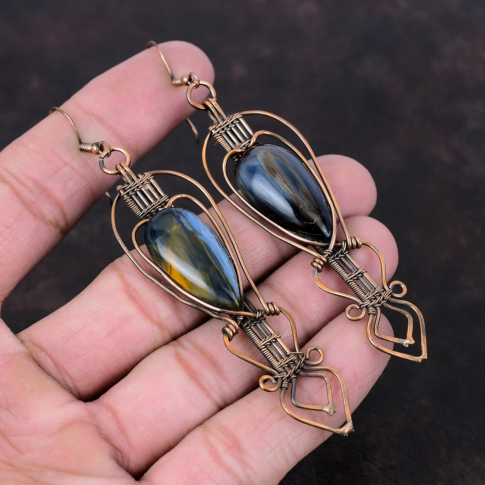Gift For Her Copper Pietersite Jewelry Wire Wrapped Drop/Dangle Earrings 3.94″